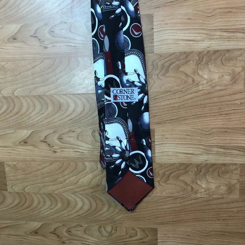 Vintage Corner Stone Bowling Tie with 9 Bowling Pins with Deep Dark Red